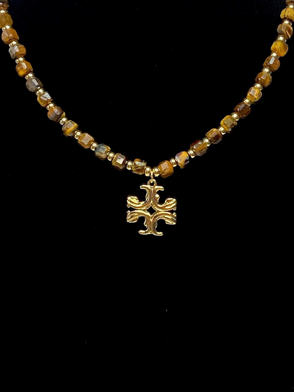 Tory Burch Tigers eye Brown Beaded Necklace with Gold Cross Pendant w light box - Picture 4 of 5